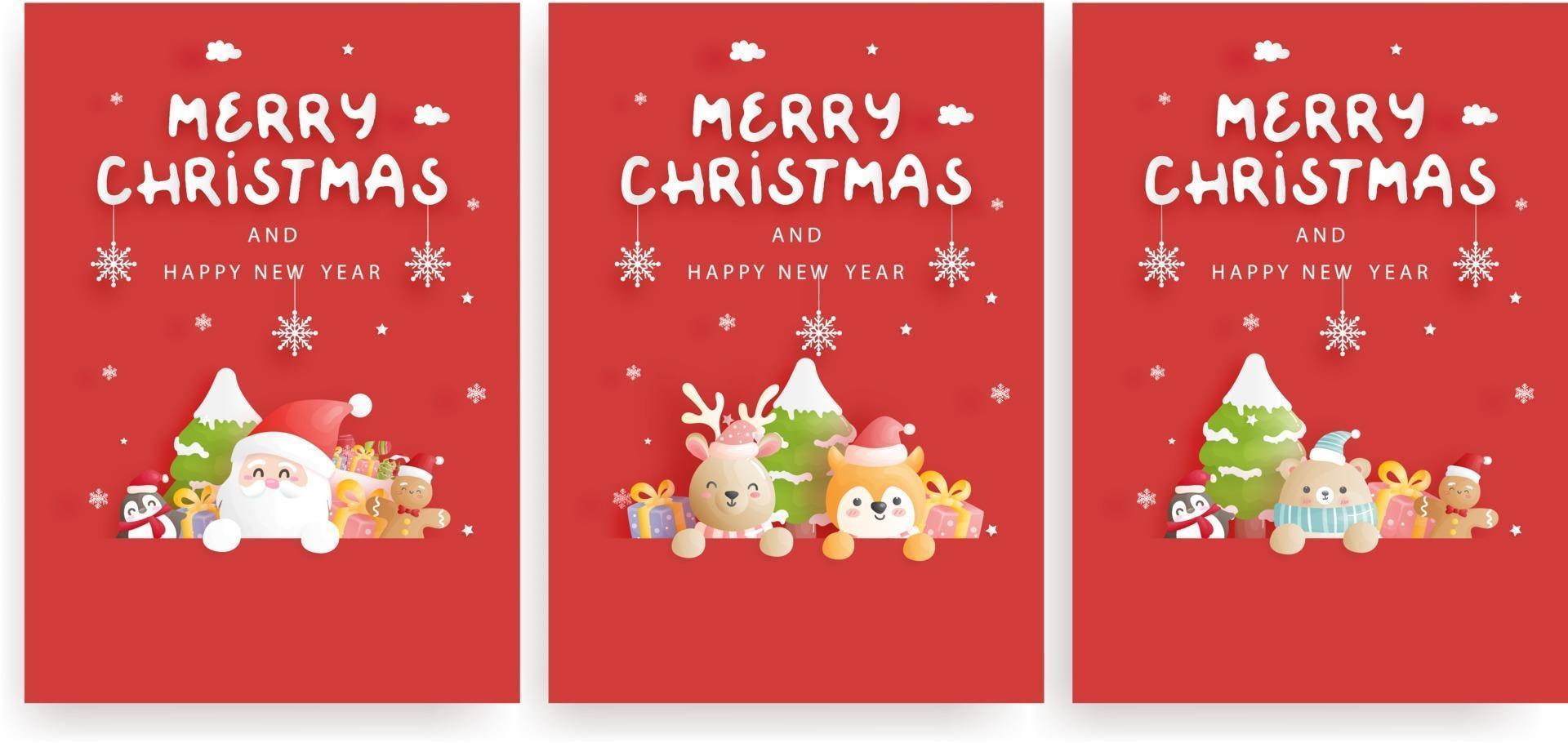 Christmas card, celebrations with Santa and friends, vector