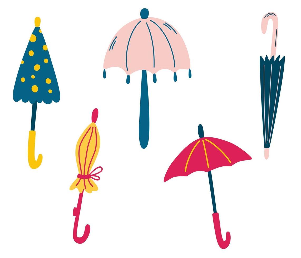 Set of cute umbrellas. Rainy. different funny  closed and open vector