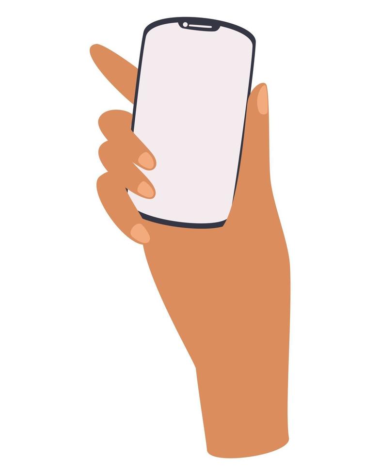 Hand holds the phone. Smartphone with a blank white screen. vector