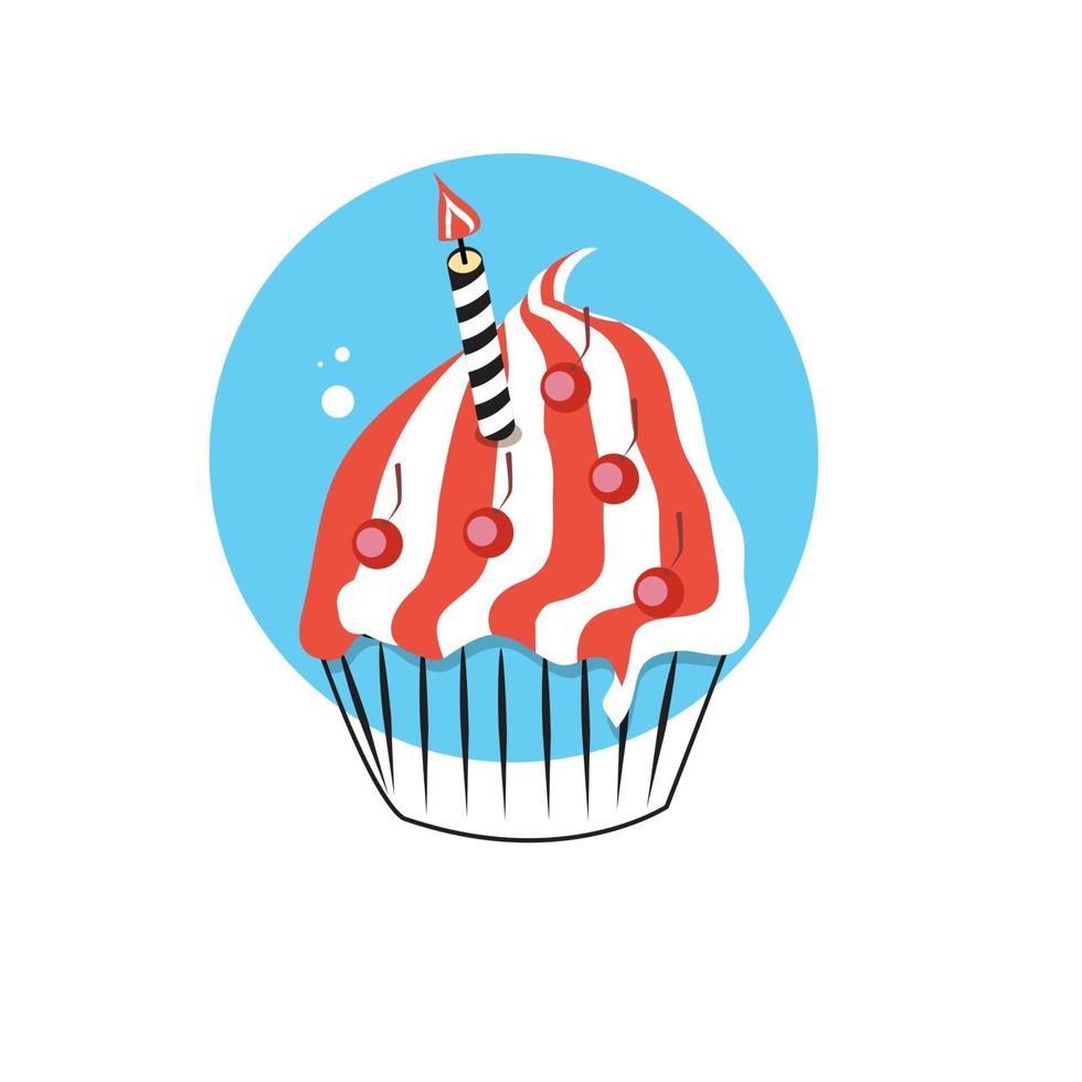 Line Icon with Flat Graphics Element of Birthday Cake Vector Illustration