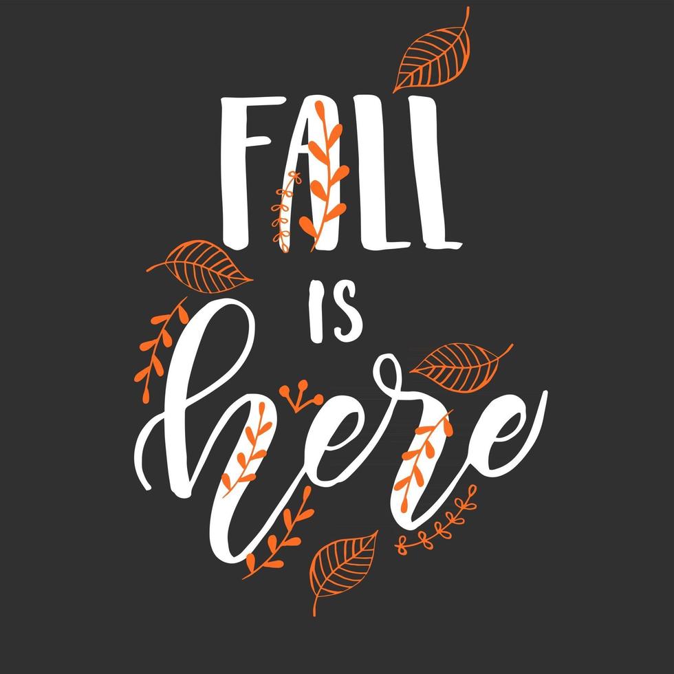 Autumn lettering calligraphy phrase - Fall is here. vector