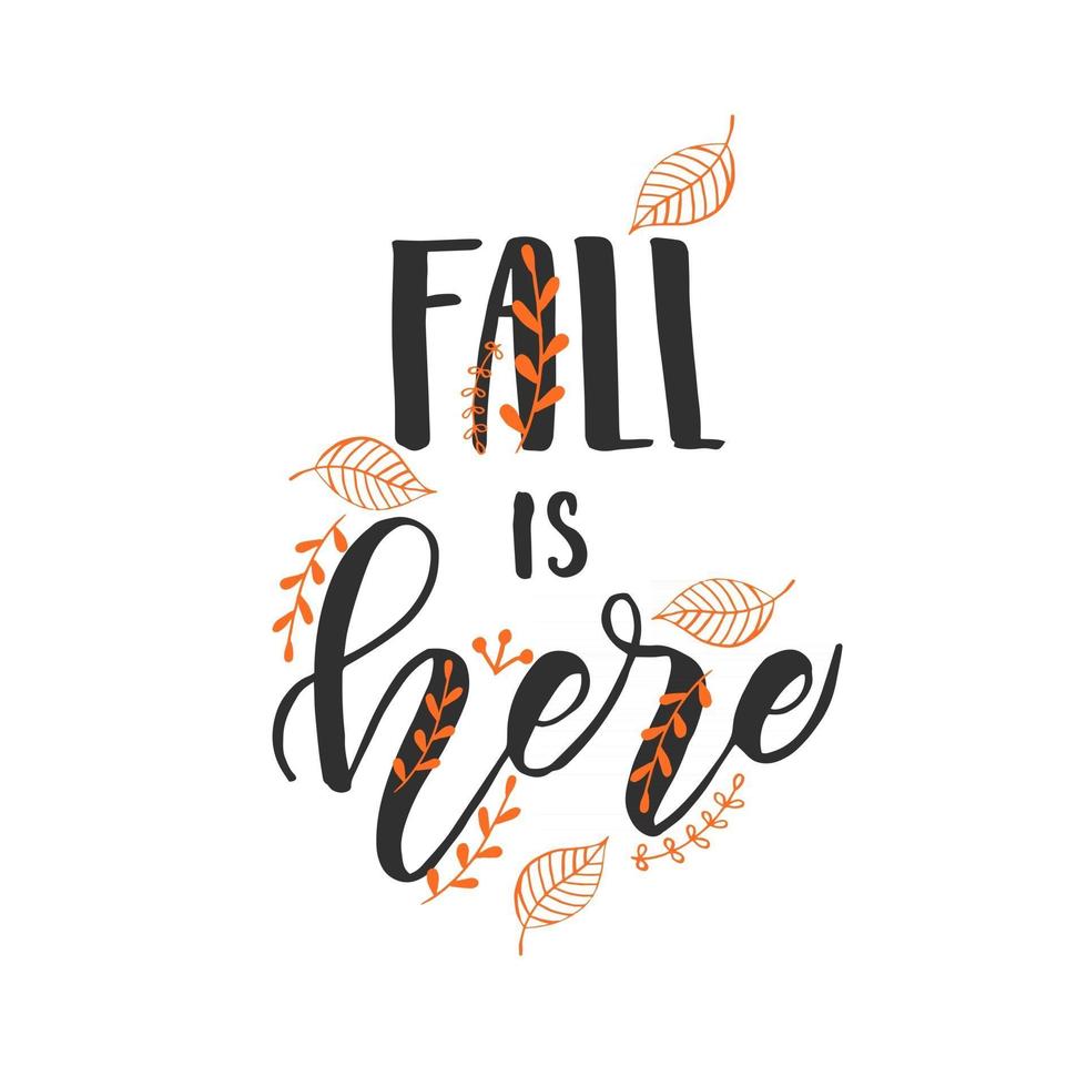 Frase de caligrafía de letras de otoño: el otoño está aquí. vector