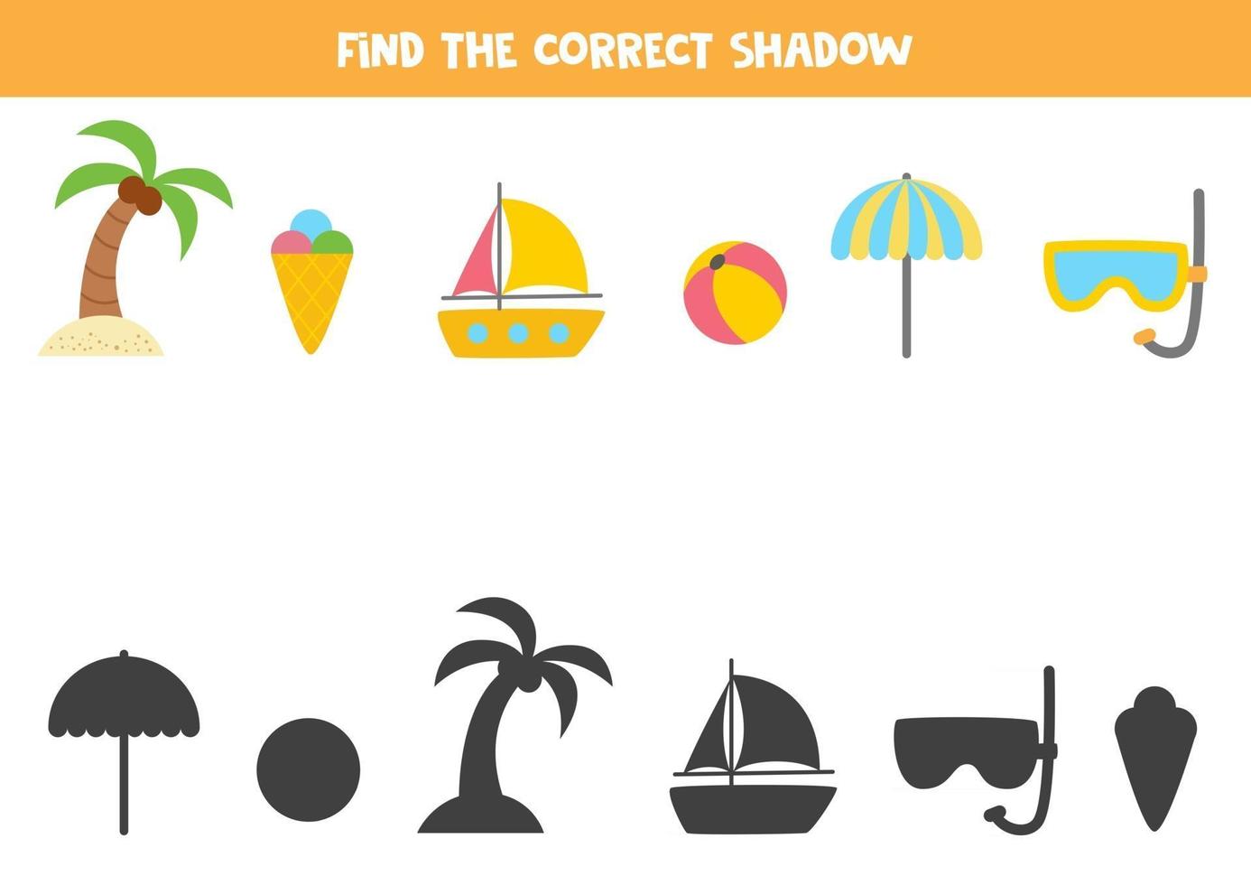 Encuentra las sombras correctas de los artículos de verano. rompecabezas lógico para niños. vector