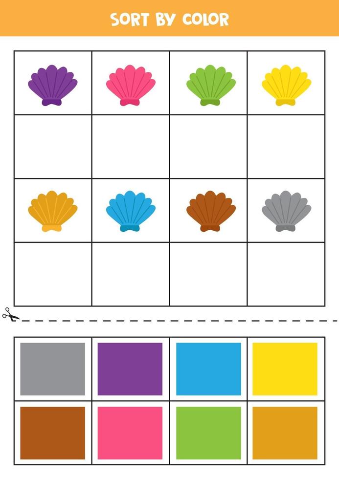 Sort pictures by color. Cartoon seashell. Game for kids. Cut and glue. vector