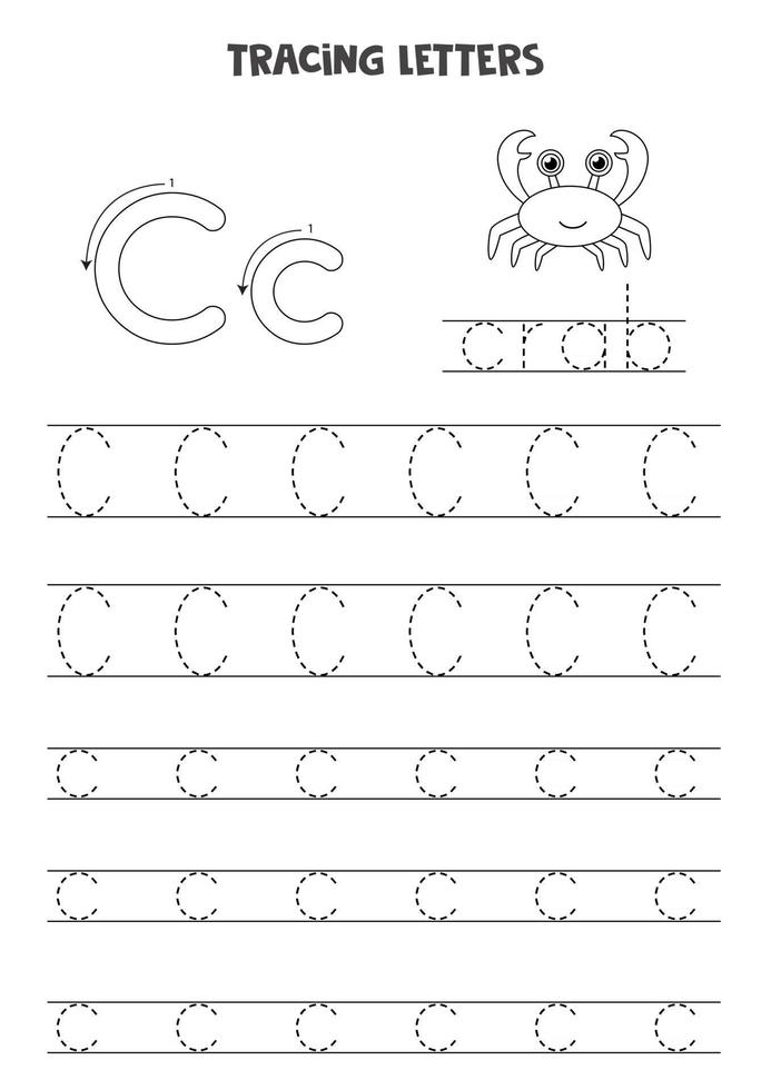 Tracing letters of English alphabet. Black and white worksheet. vector