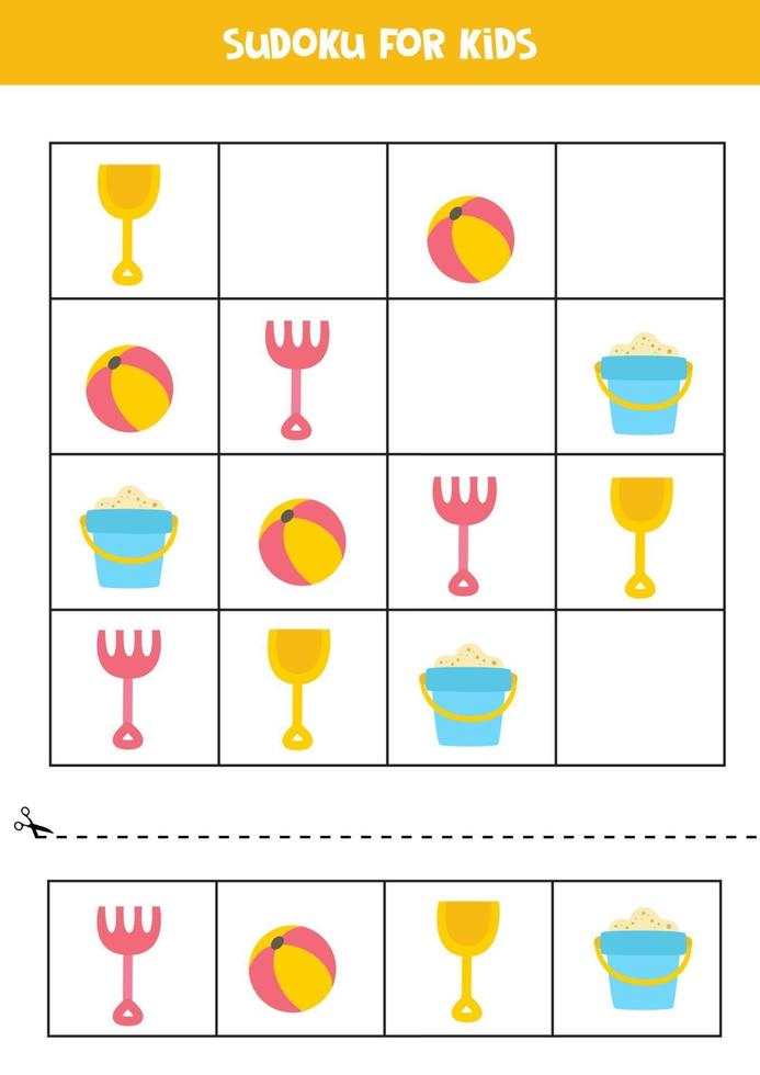 Sudoku game for kids with cute cartoon summer pictures. vector