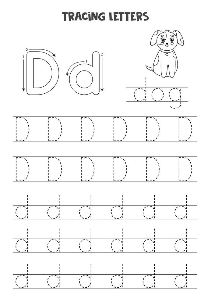 Tracing letters of English alphabet. Black and white worksheet. vector