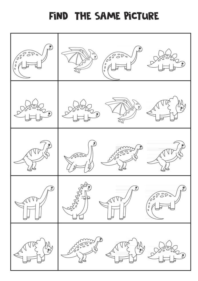 Find two the same dinosaurs. Black and white worksheet. vector