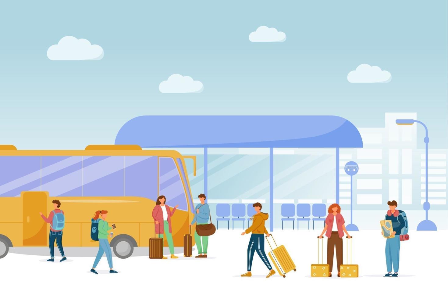 Bus station platform flat vector illustration