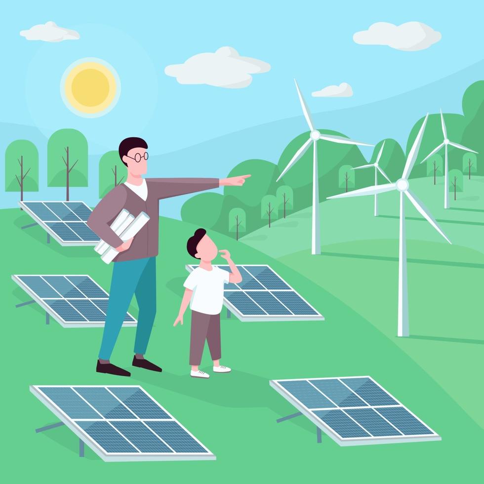 padre e hijo en la ilustración de color plano de la estación de energía alternativa vector