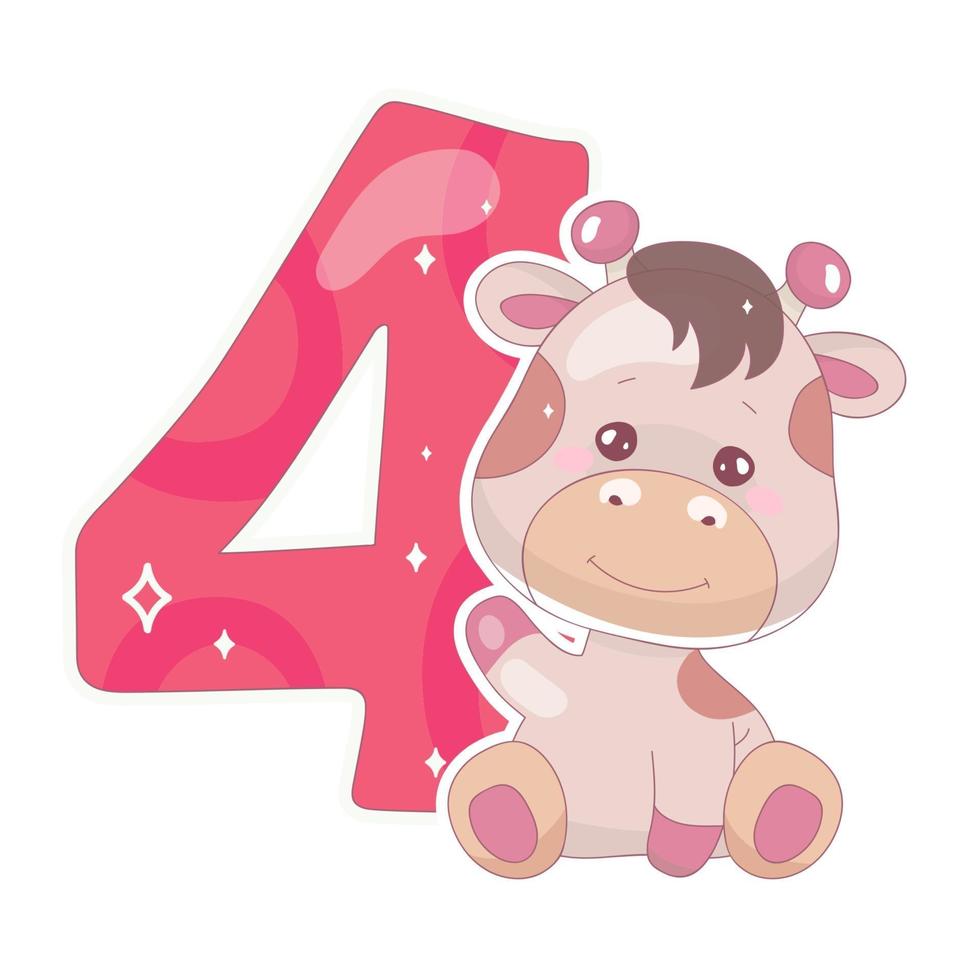 Cute four number with baby giraffe cartoon illustration vector