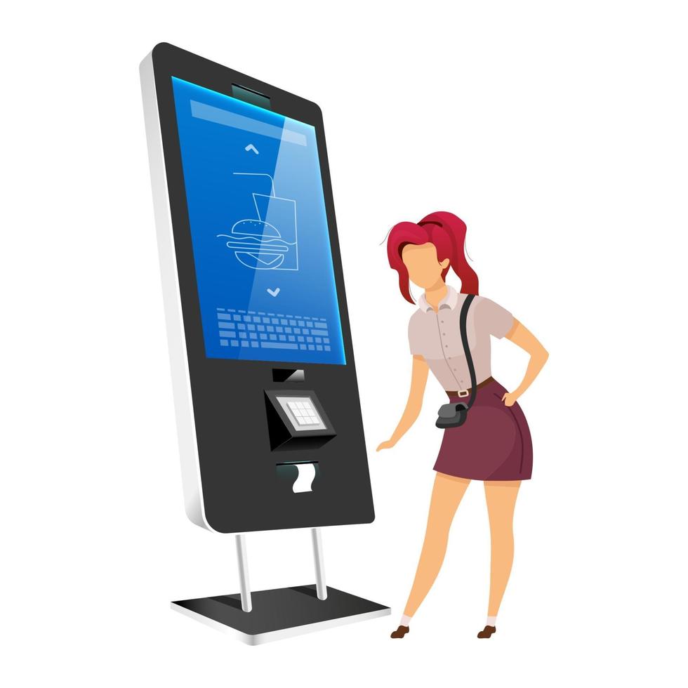 Woman with vending kiosk flat color vector faceless character