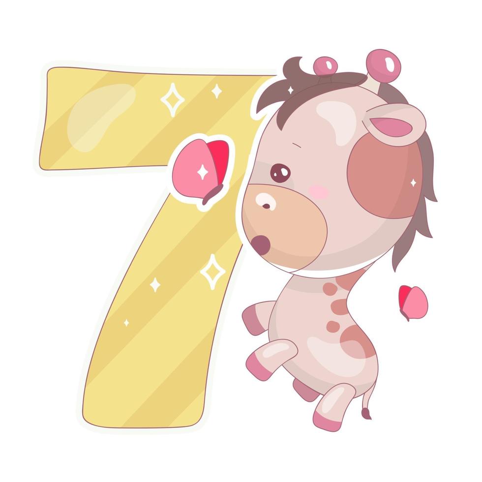 Cute seven number with baby giraffe cartoon illustration vector