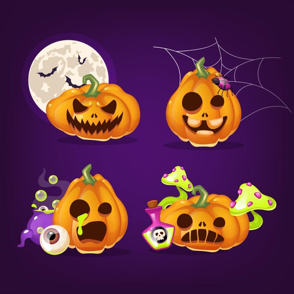 conjunto de ilustraciones de vectores de dibujos animados de calabazas de halloween