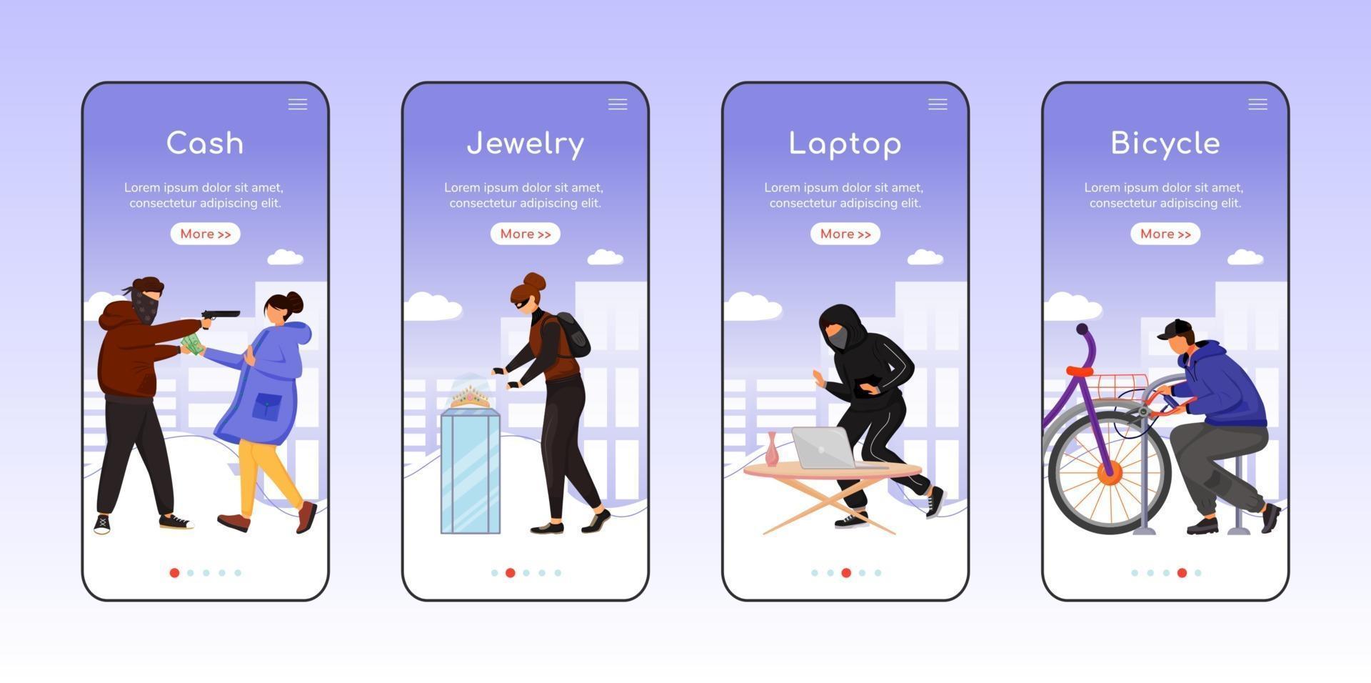 Property theft onboarding mobile app screen flat vector template