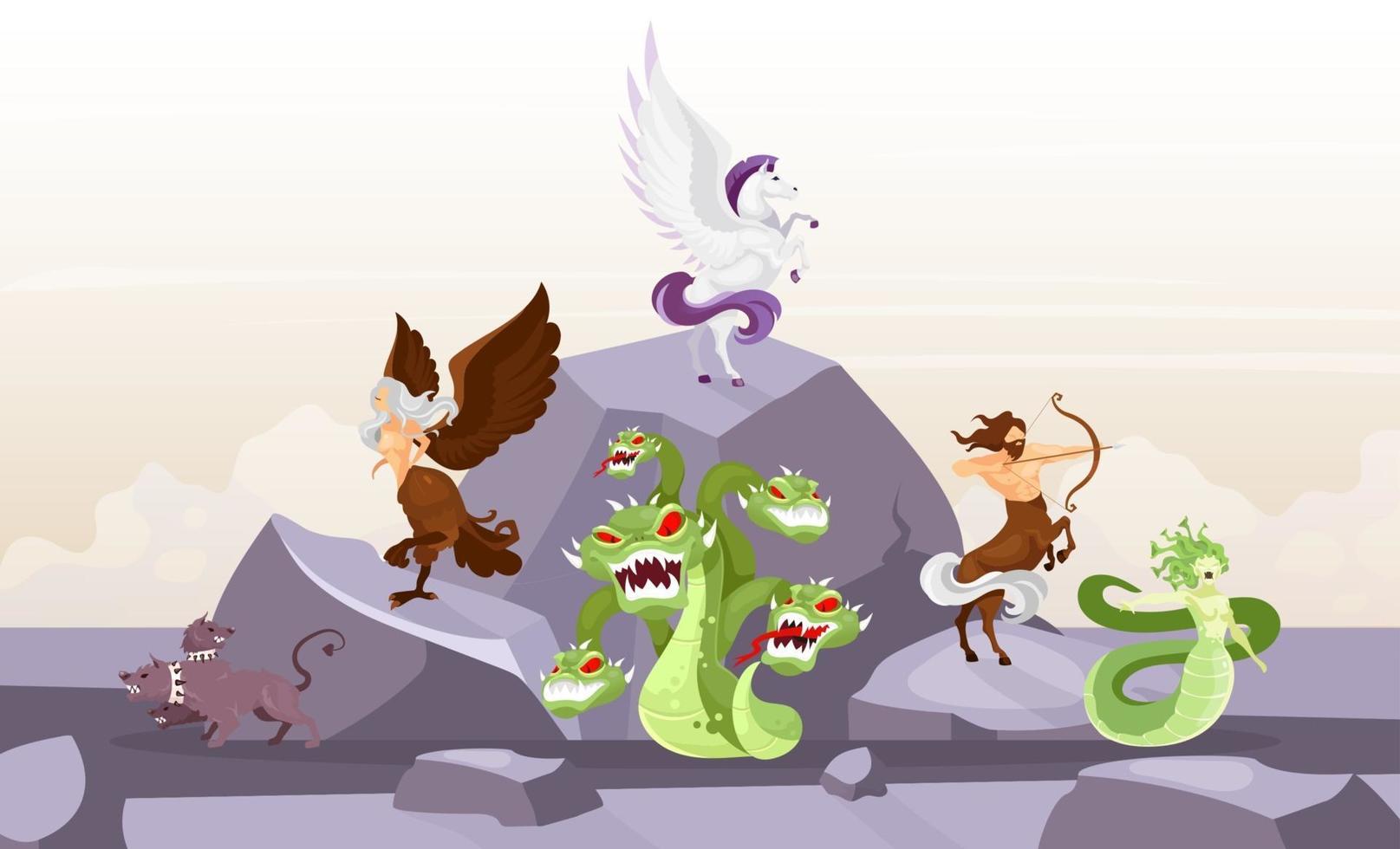 Mythological creatures flat vector illustration