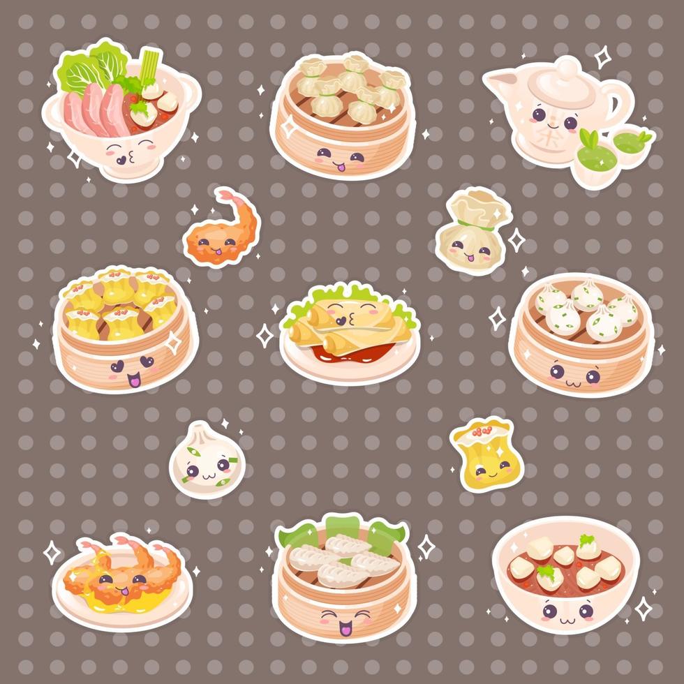 conjunto de caracteres vectoriales kawaii dim sum chino lindo vector