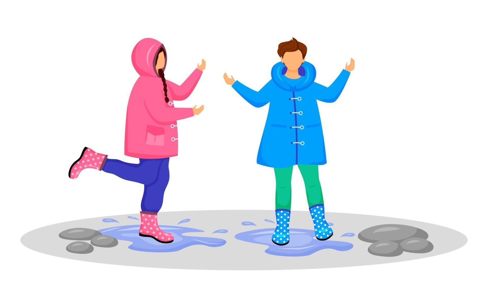 Children in raincoats flat color vector faceless character