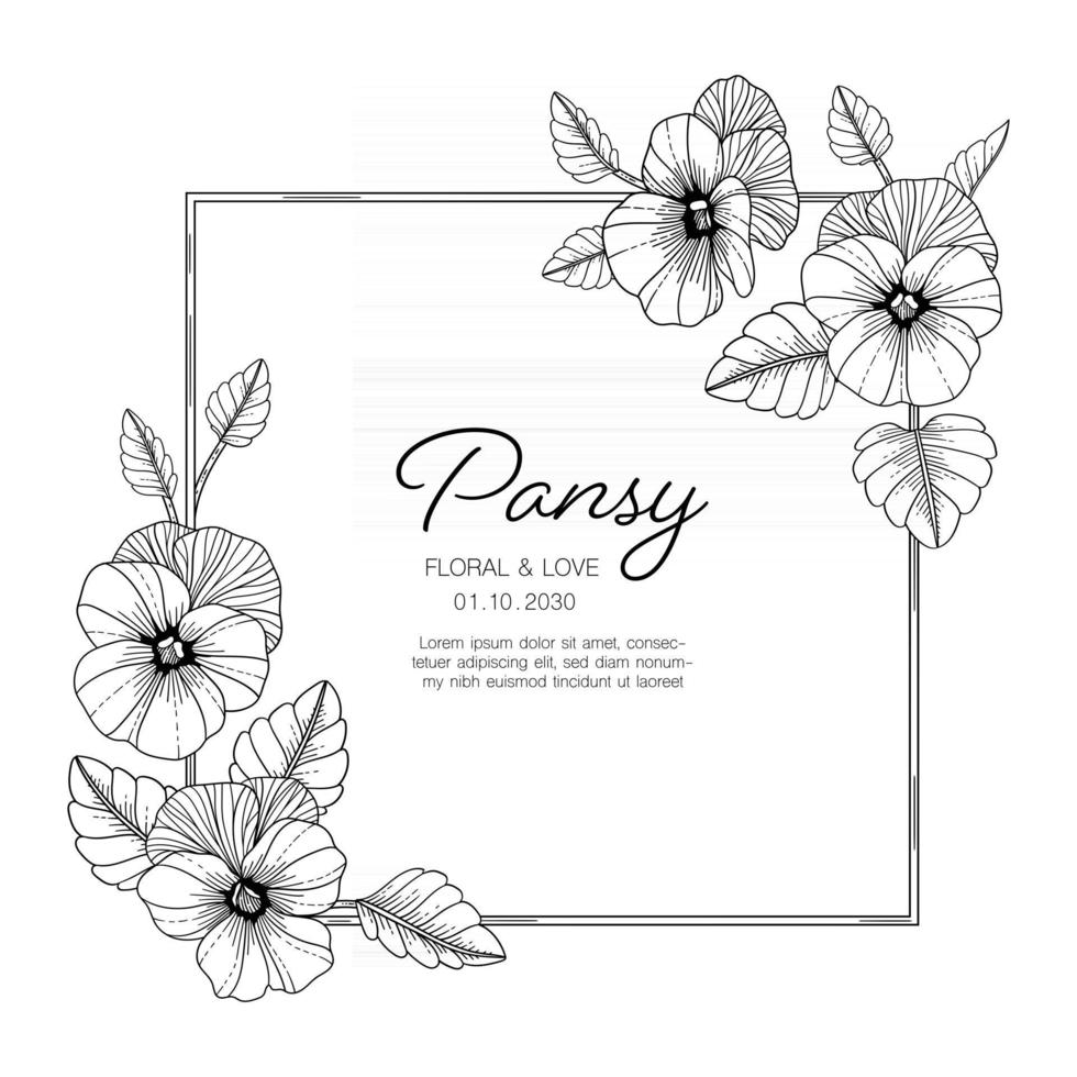 Hand drawn pansy floral greeting card background. vector