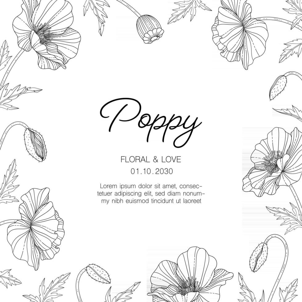 Hand drawn poppy floral greeting card background. vector