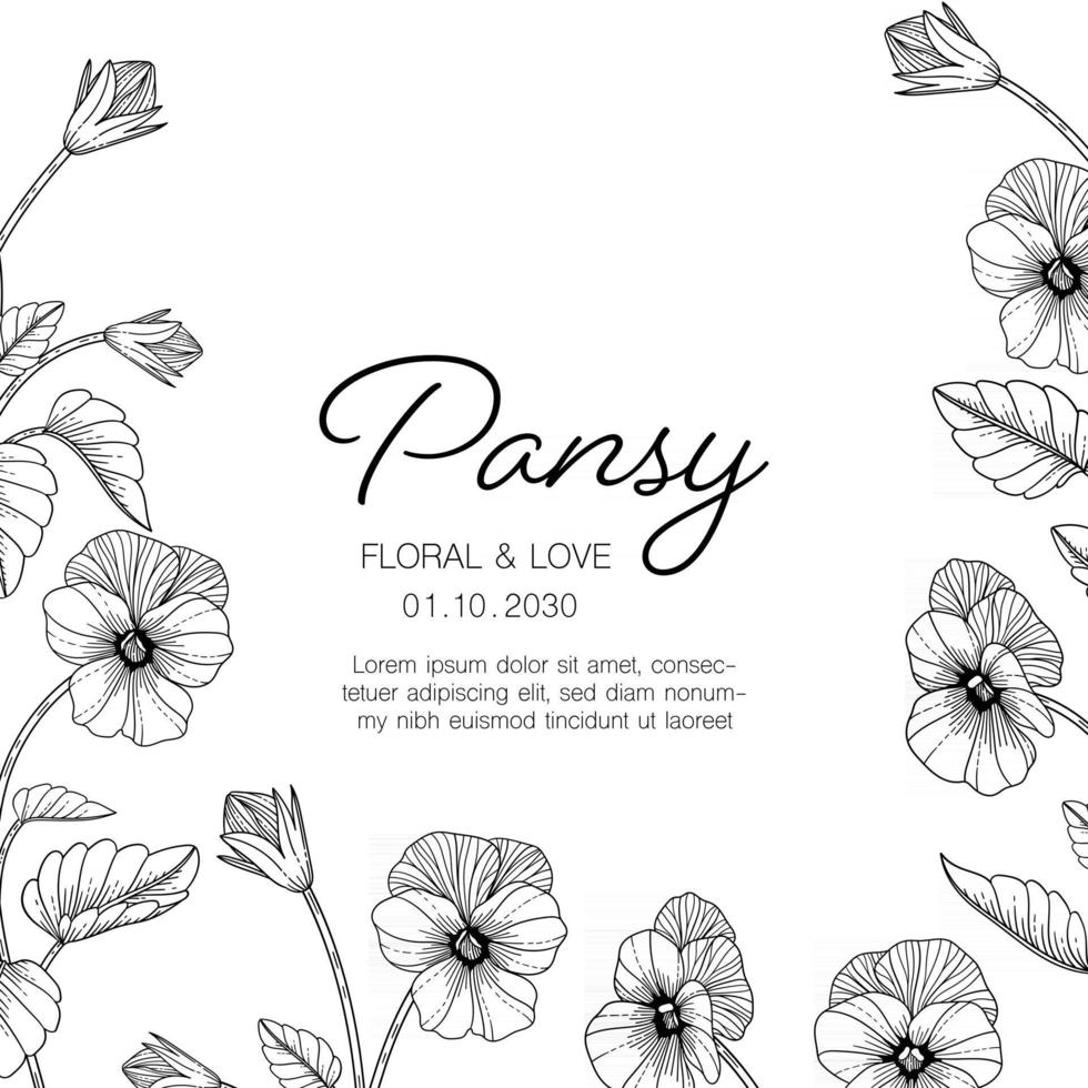 Hand drawn pansy floral greeting card background. vector