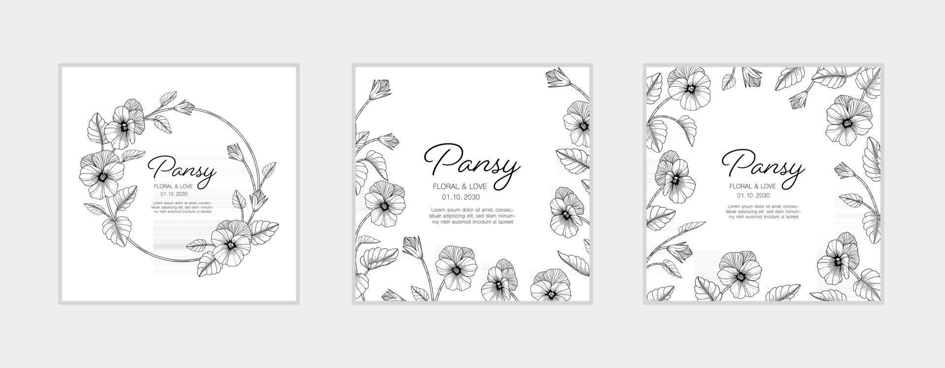 Hand drawn pansy floral greeting card background. vector