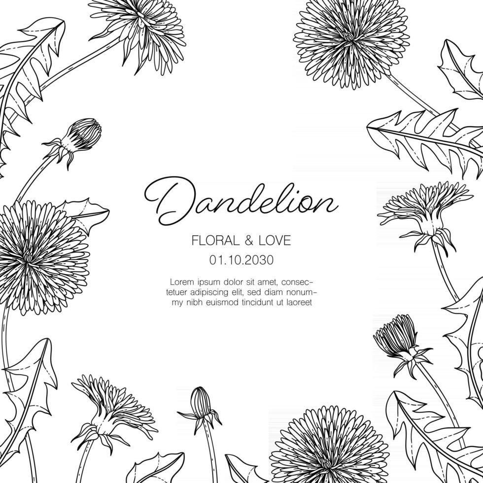 Fondo floral de la tarjeta de felicitación del diente de león dibujado a mano. vector