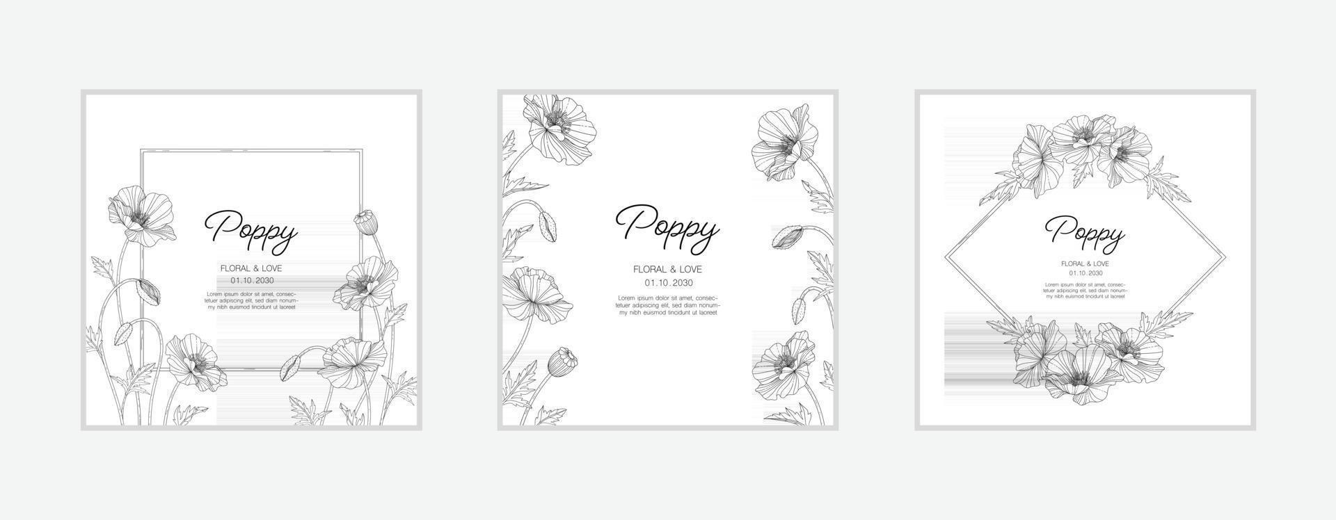 Hand drawn poppy floral greeting card background. vector