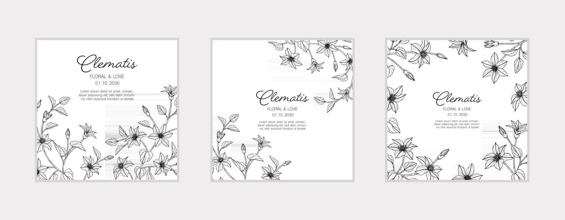 Hand drawn clematis floral greeting card background. vector