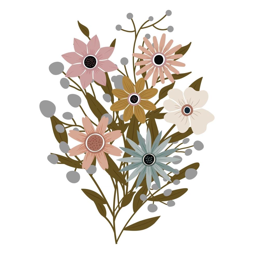 A bouquet of different wildflowers with leaves. plants with flowers vector