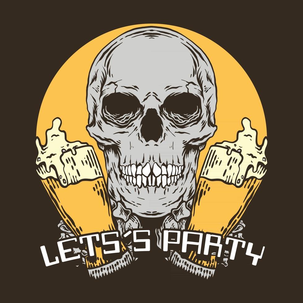 Vintage skull, Let's Party with two glass beer vector