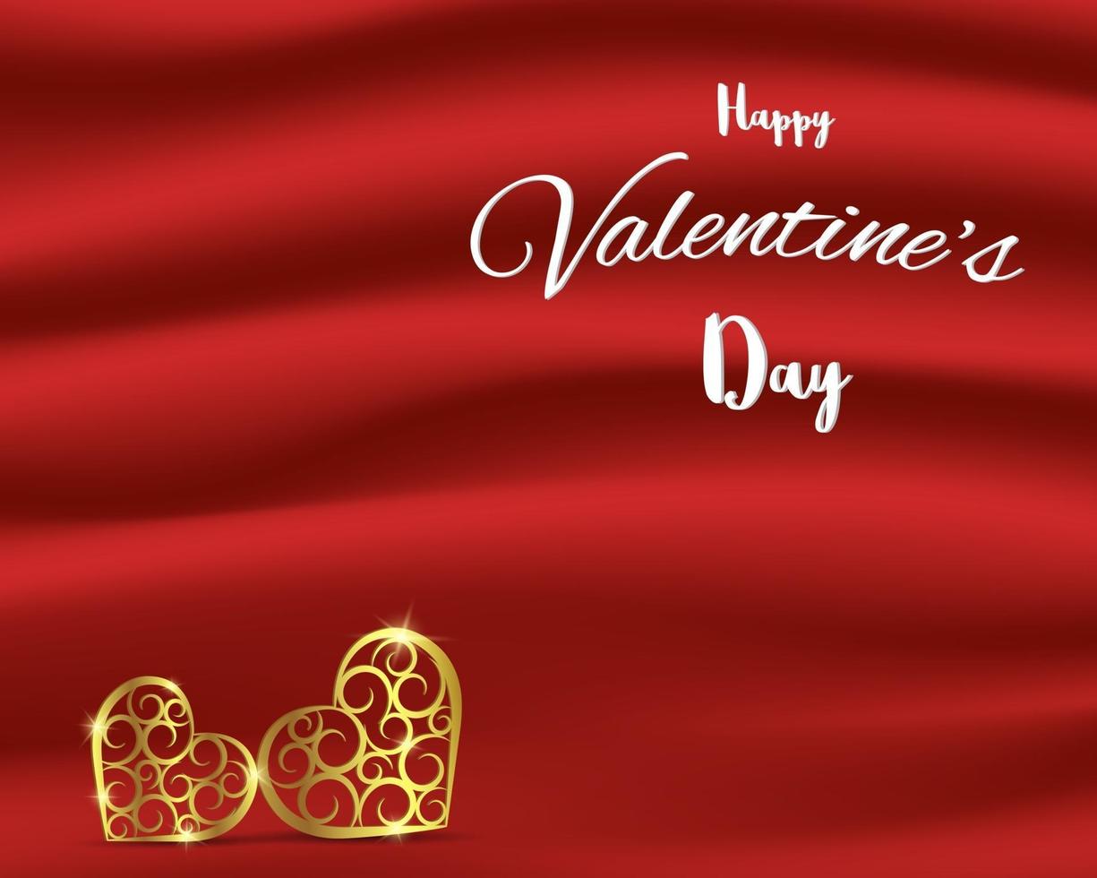Valentine day concept gold hearts shape on red silk background with bunting and place for your text vector