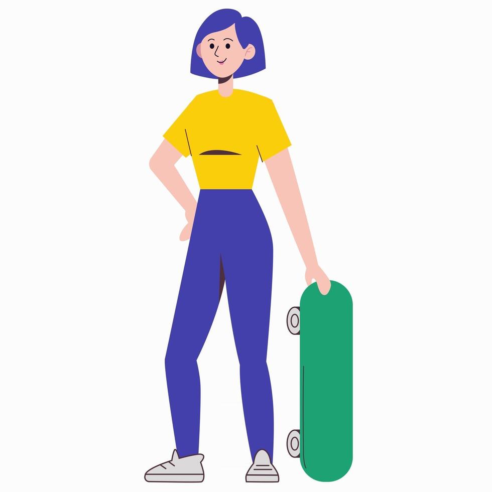 Cute girl with a skateboard. Flat vector