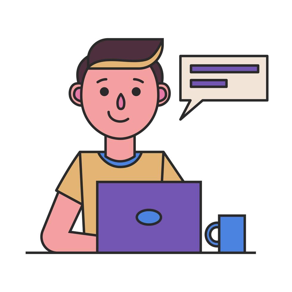 hombre sonriente con laptop. concepto de diseño o icono de red social vector