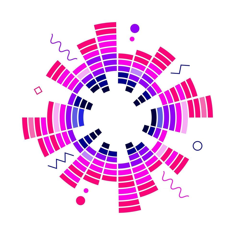 ecualizador de neón circular geométrico de color. Eq ondas de sonido de audio redondas. vector