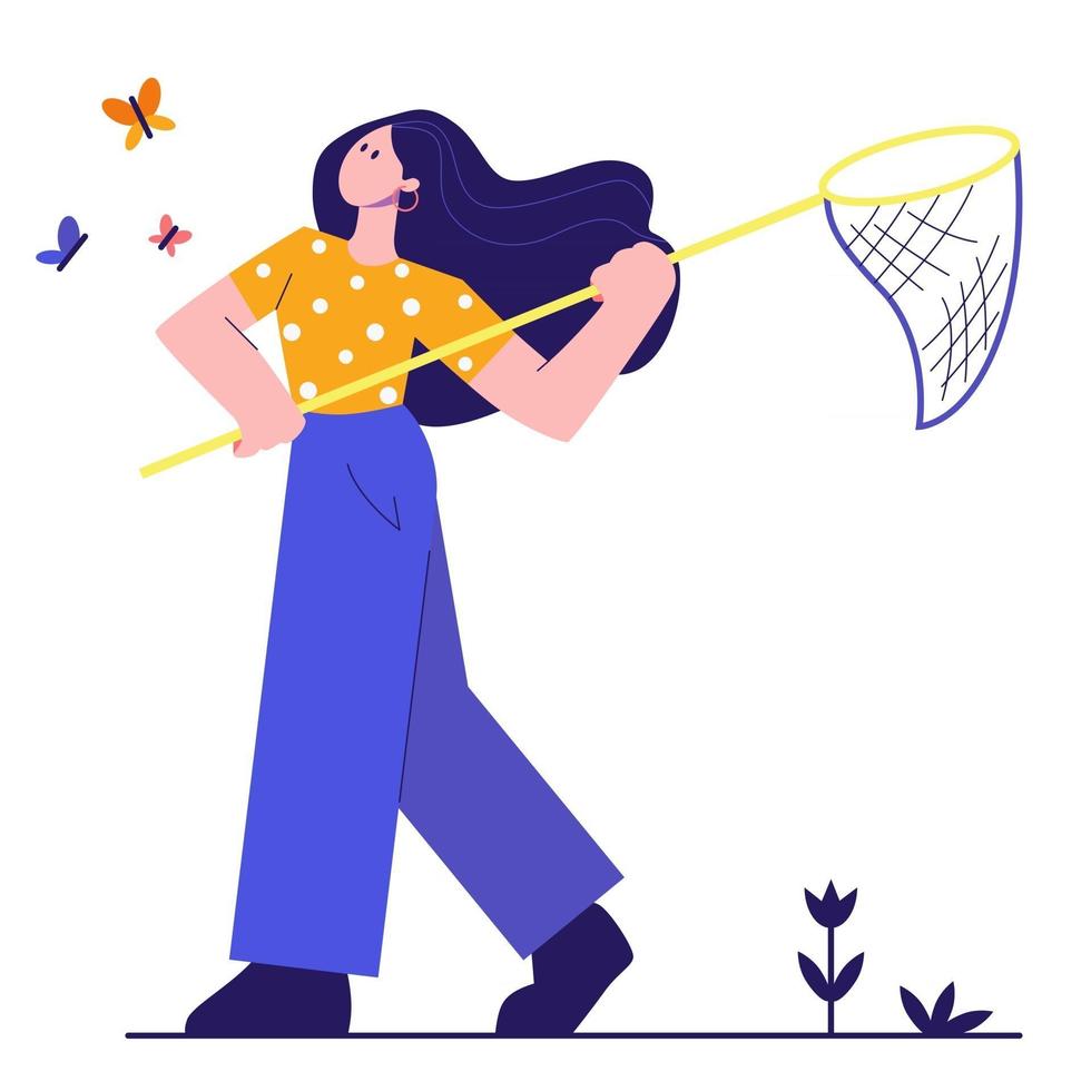 Girl catching butterflies with net. Vector flat illustration