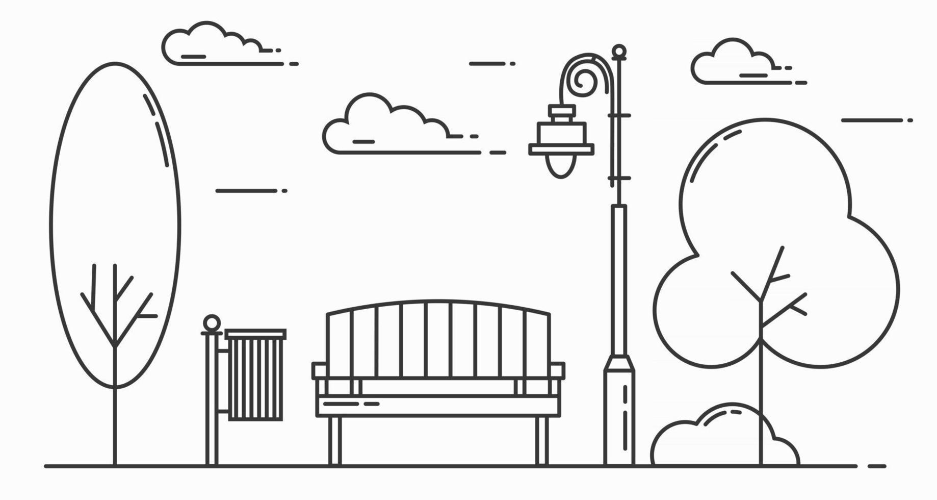 Outline city park, bench, lights and trees. Landscape sketch. vector