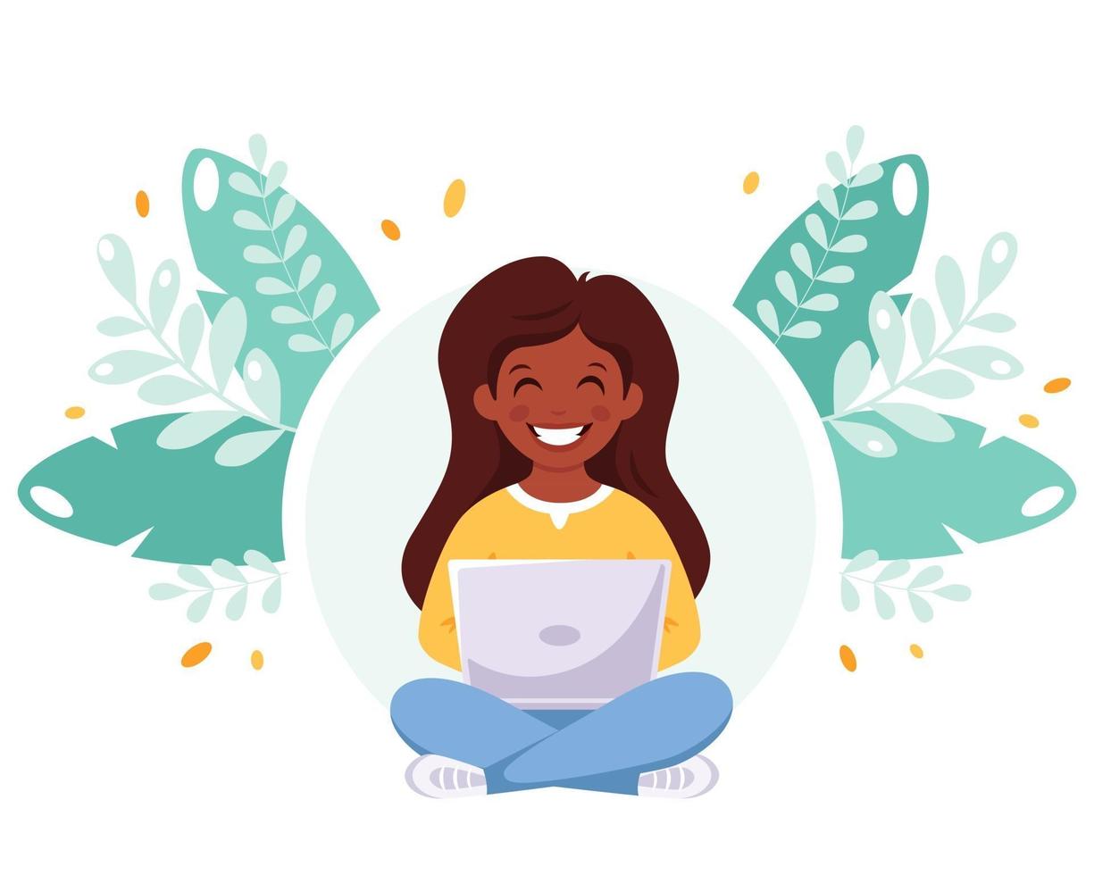 Indian girl studying with computer. Online learning, back to school vector