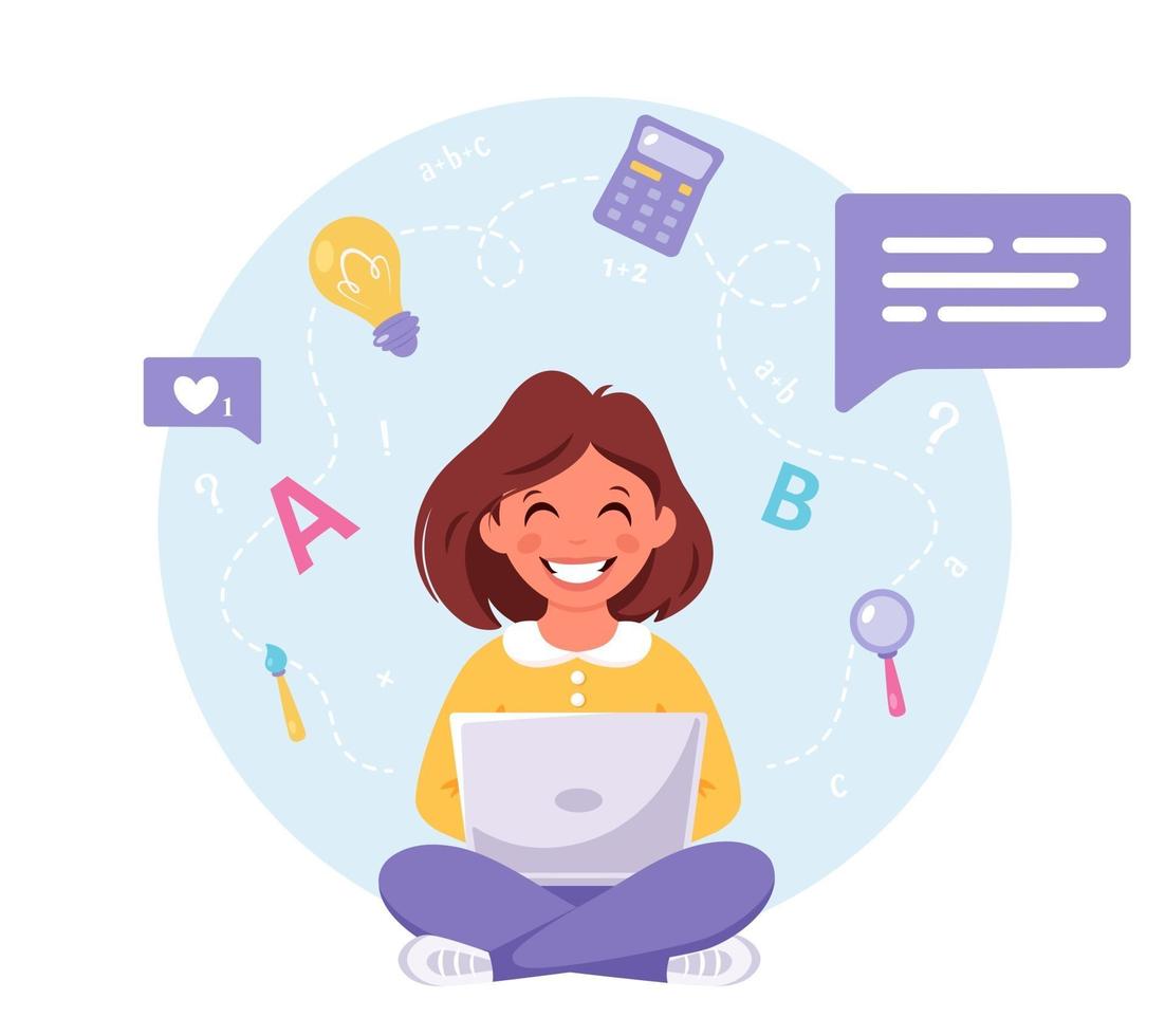 Girl studying with computer. Online learning, back to school vector