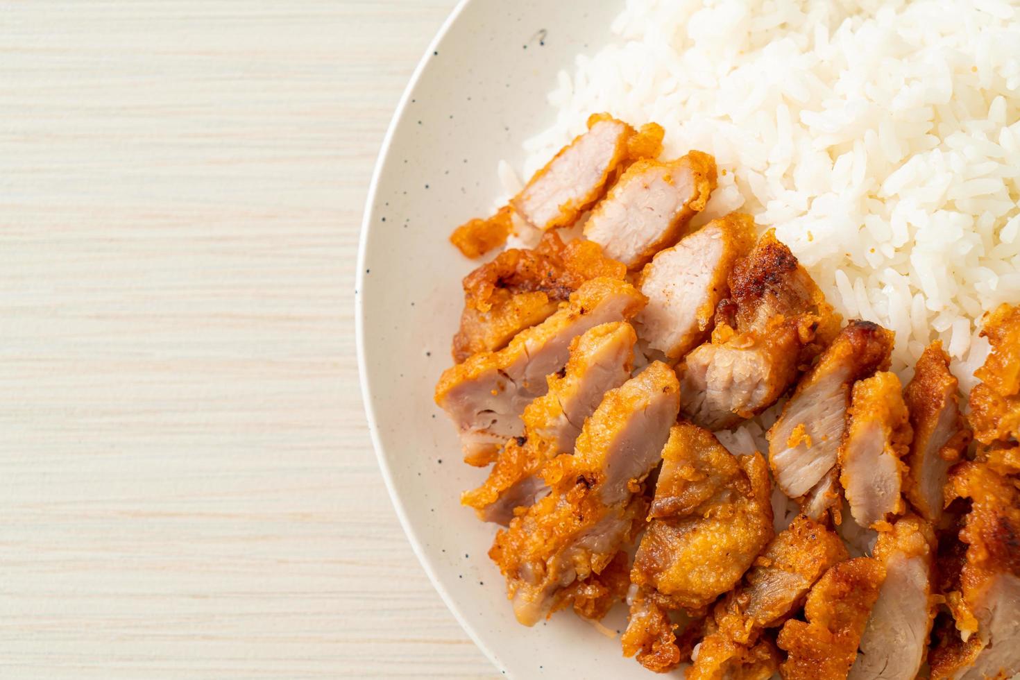 Fried pork topped on rice with spicy dipping sauce photo