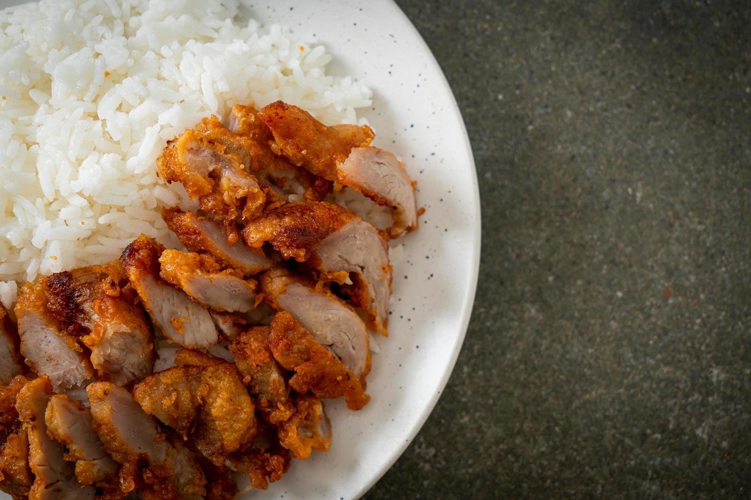 Fried pork topped on rice with spicy dipping sauce photo