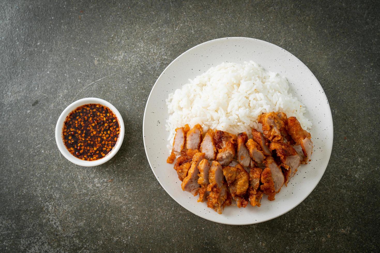 Fried pork topped on rice with spicy dipping sauce photo