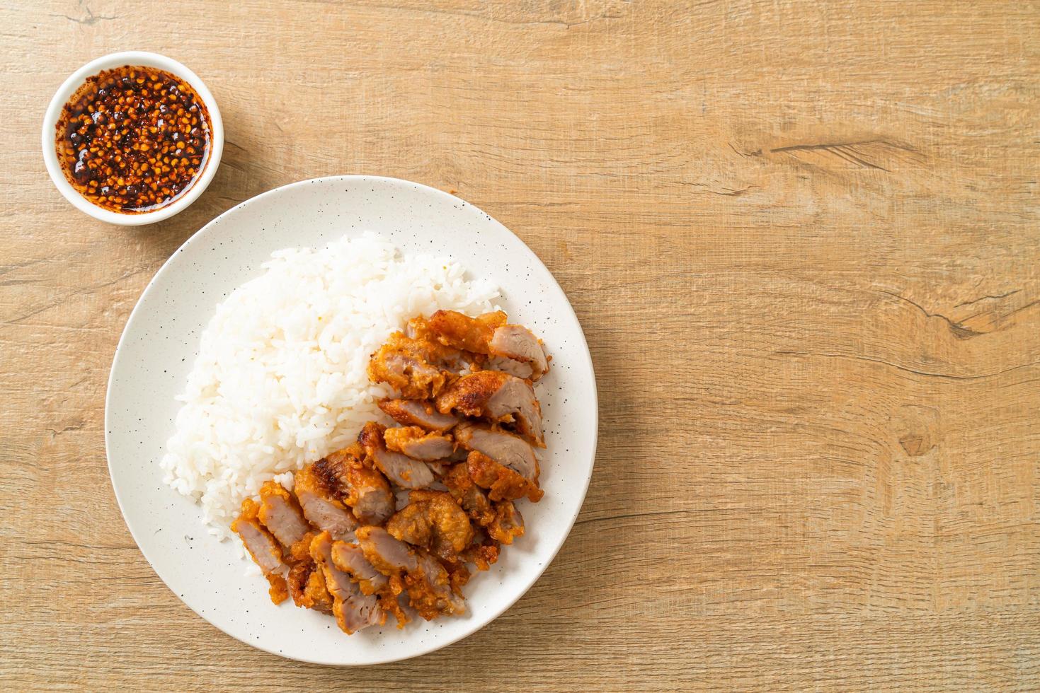 Fried pork topped on rice with spicy dipping sauce photo