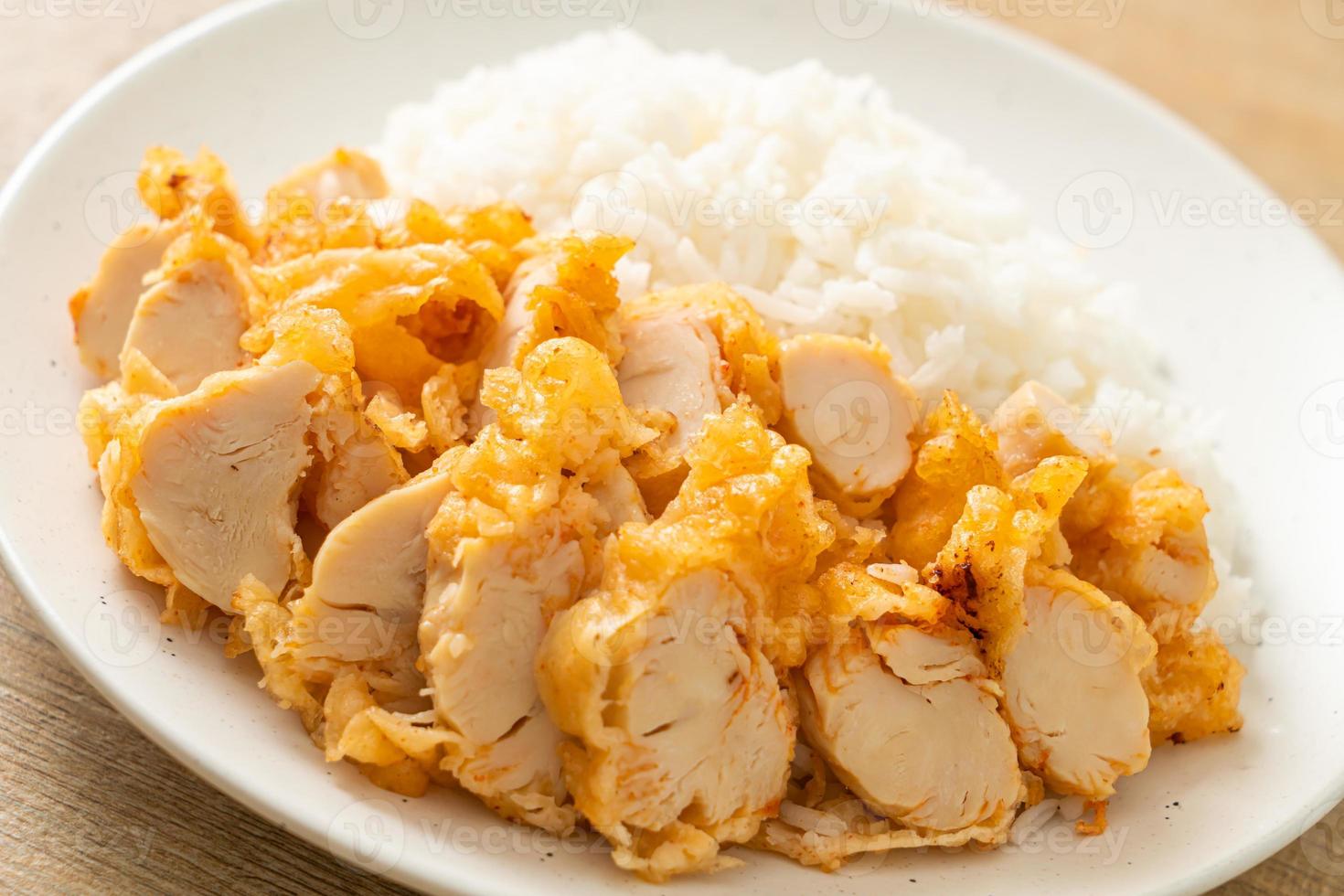 Fried chicken topped on rice with spicy dipping sauce photo