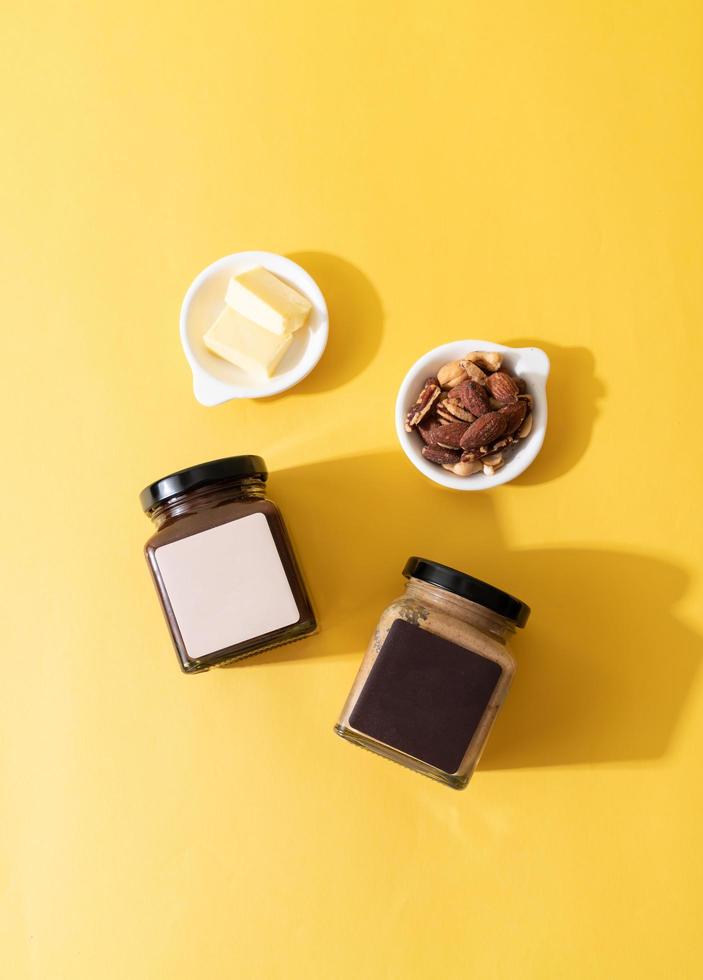 Almond butter spread and almond chocolate butter spread jar photo