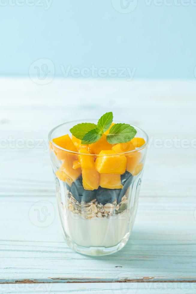 mango fresco casero y arándanos frescos con yogur y granola - estilo de comida saludable foto