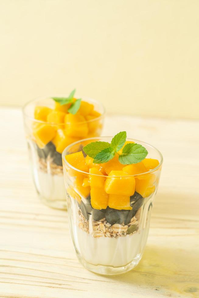 Homemade fresh mango and fresh blueberry with yogurt and granola - healthy food style photo