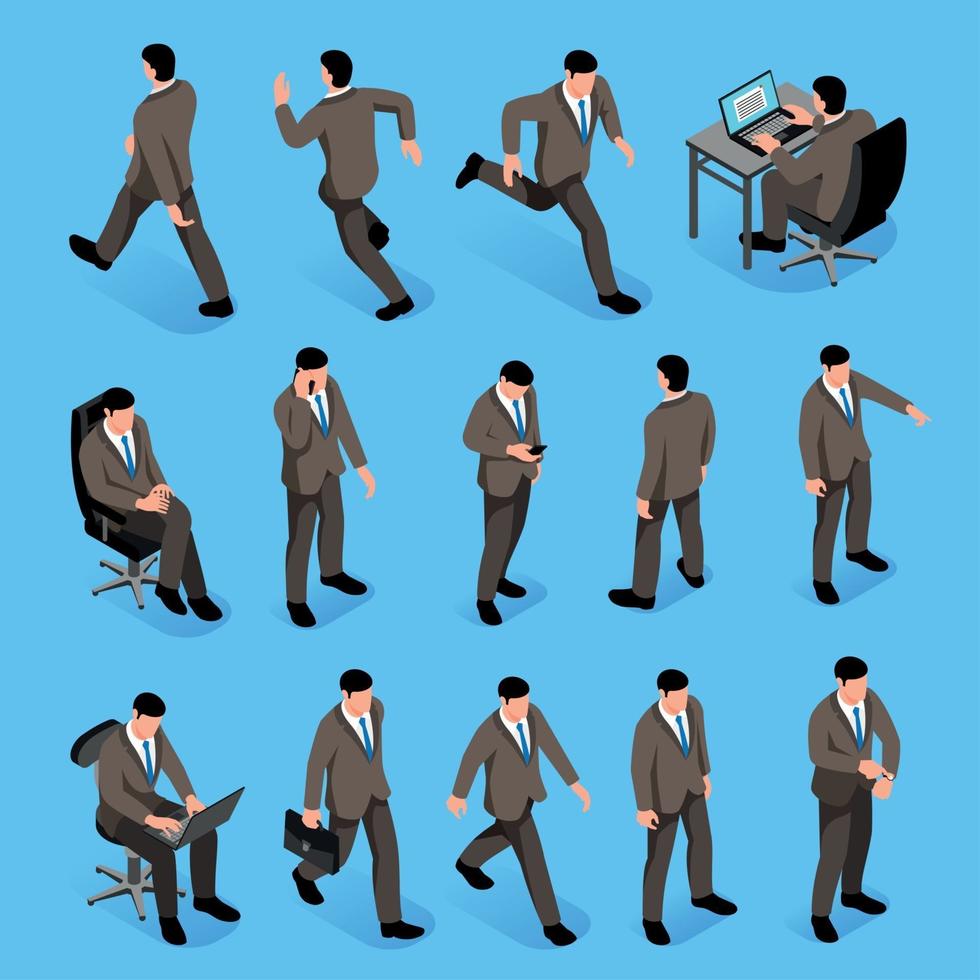 Men Poses Isometric Icons Set Vector Illustration