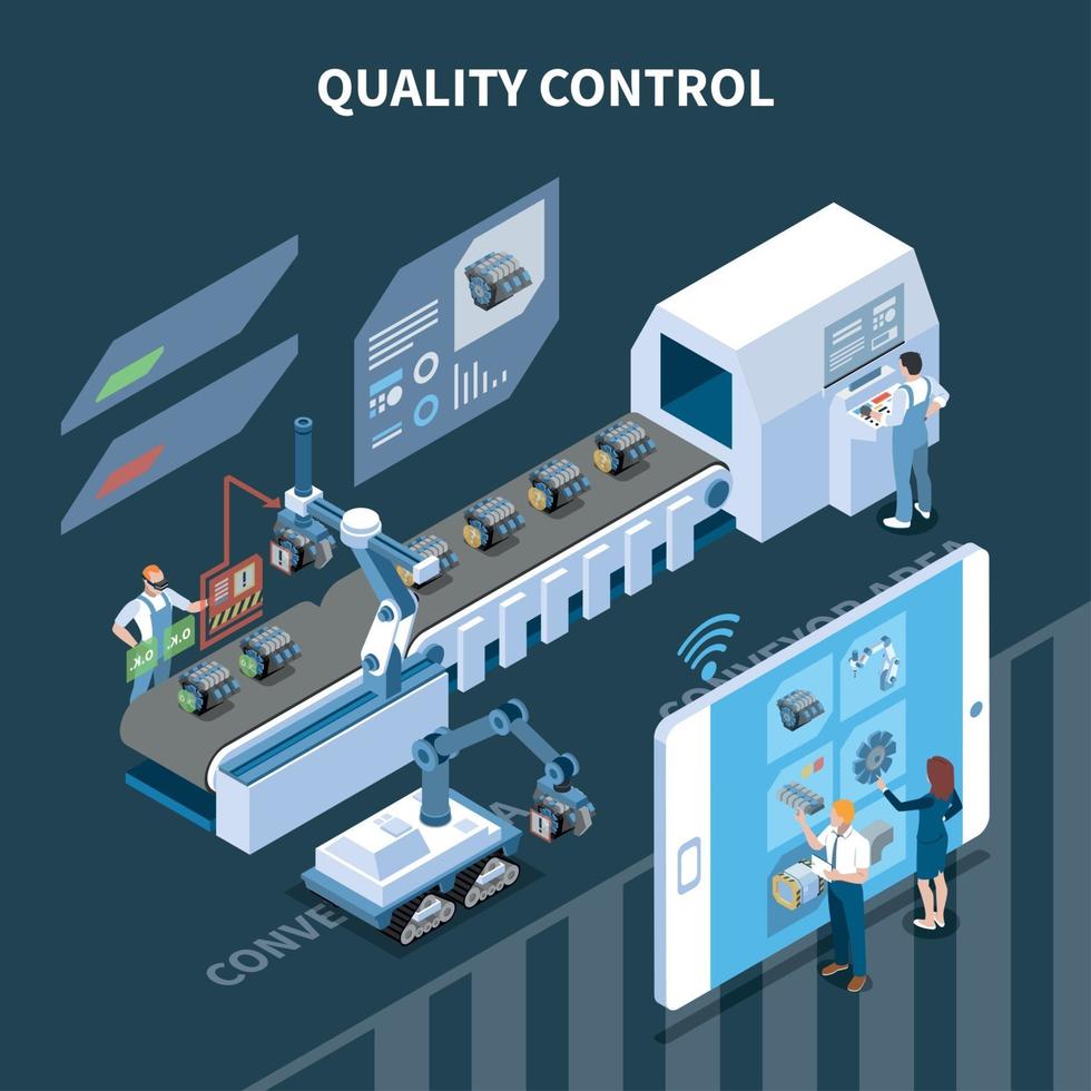 Ilustración de vector de composición isométrica de control de calidad