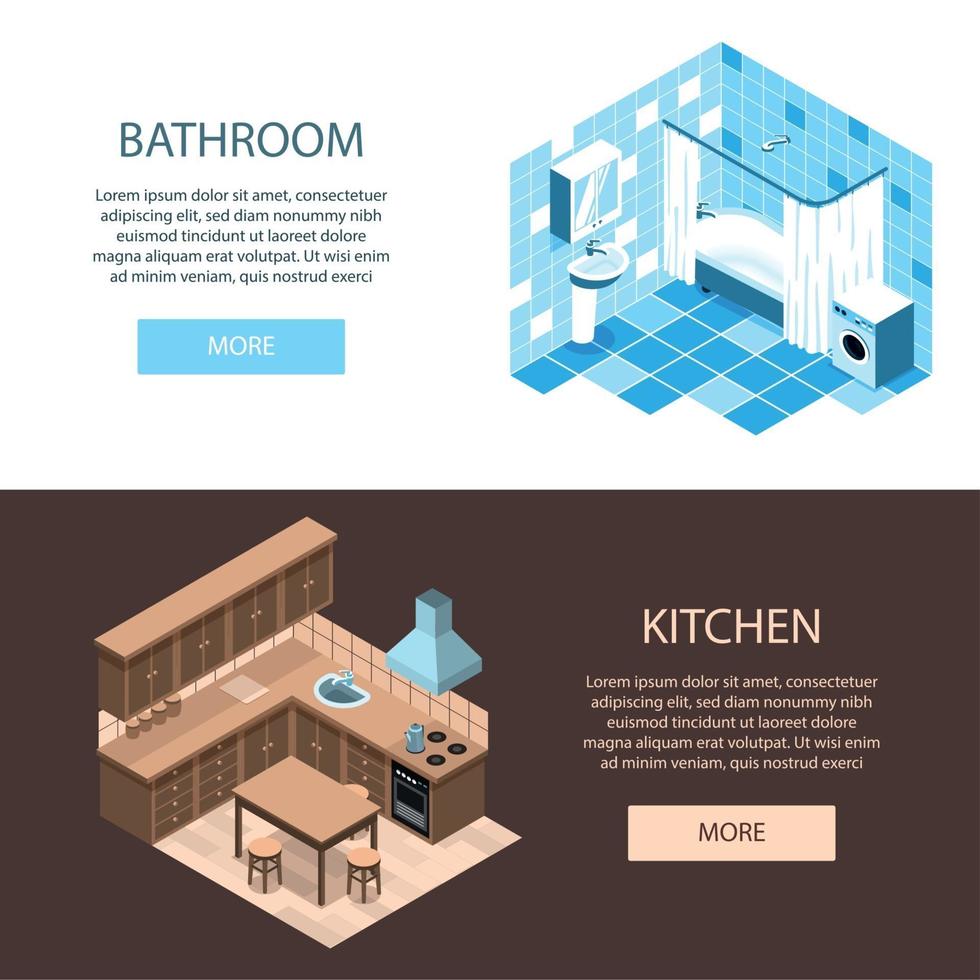 Interior Design Isometric Banners Vector Illustration